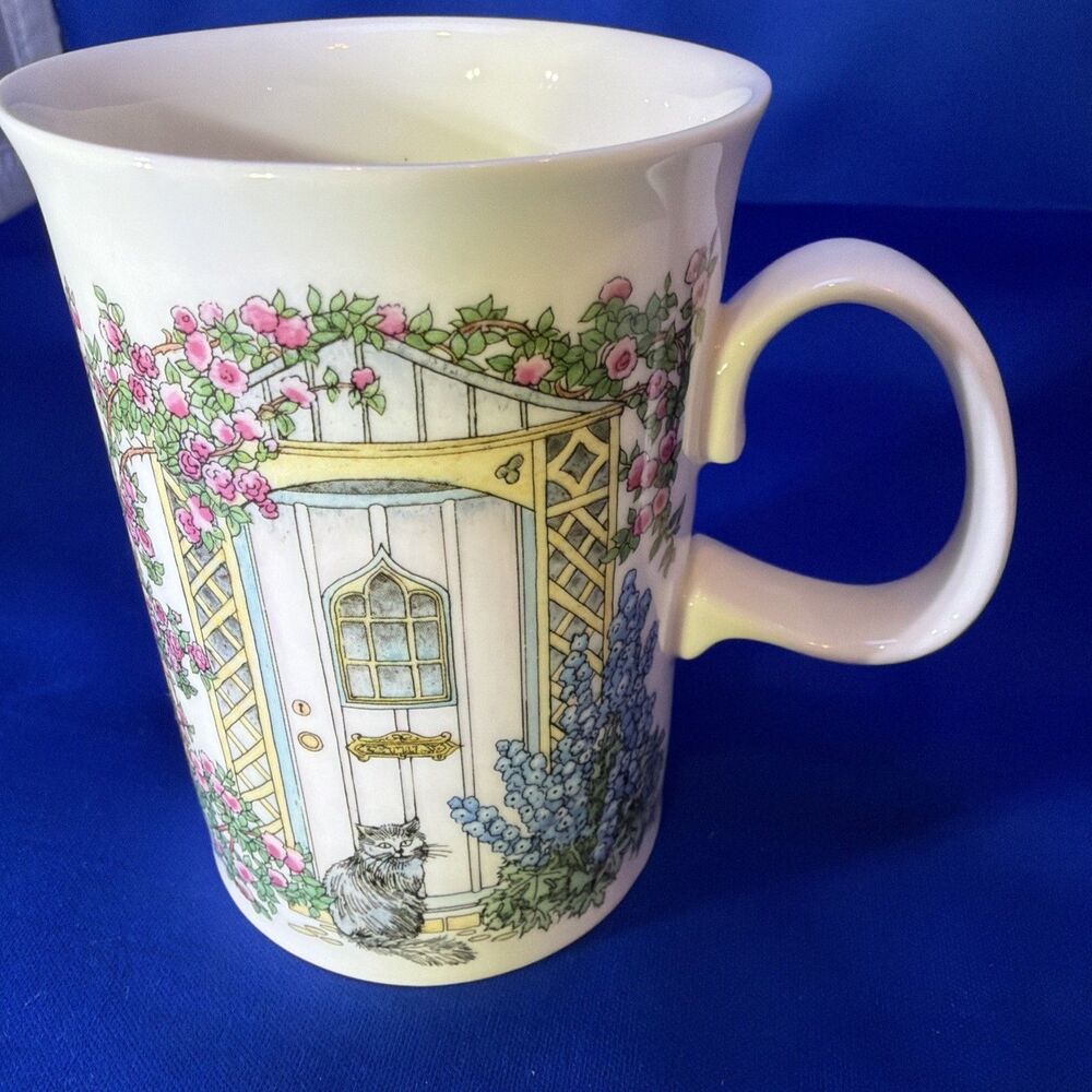Dunoon Doorways Mug Sue Scullard Fine Bone China England Grey Cat & Rose Cottage